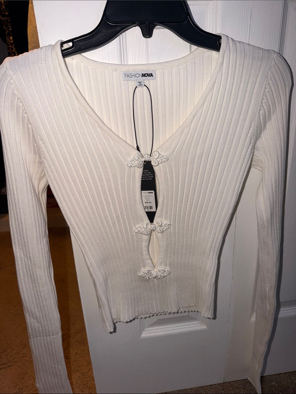 Fashion Nova Cream Ribbed Long Sleeve Top with Decorative Hook Closures